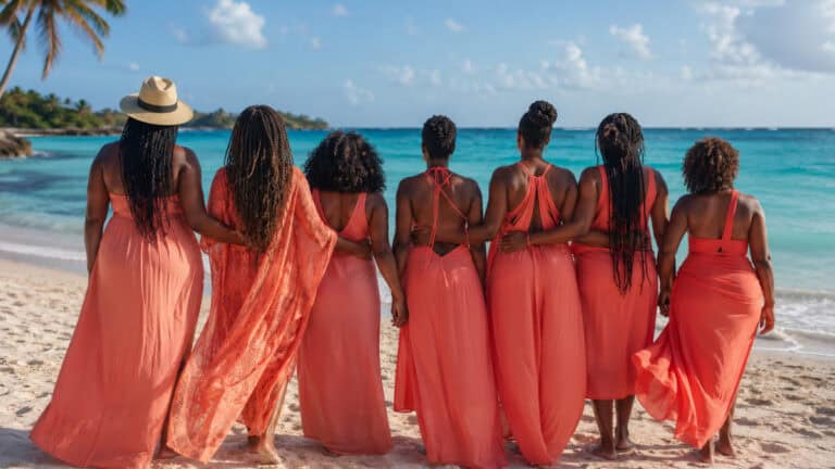 Black women on a group trip on the beach